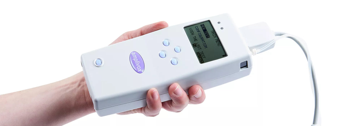 Amplivox 202 & 202-H Handheld Diagnostic Tympanometer close up in a hand. Shop now at Zone Medical.