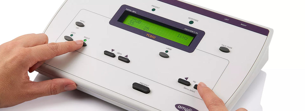 Amplivox PC850 PC based automatic audiometer close up with hands using it. Shop now at Zone Medical.