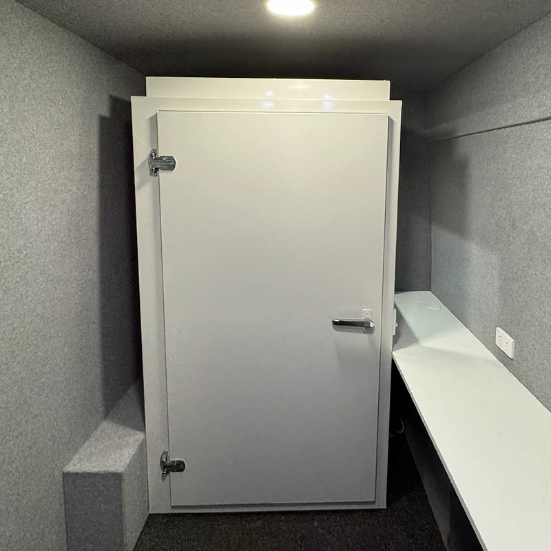 Micro Audiometric Booth Standard Version Left Hand Door closed. Shop now at Zone Medical.