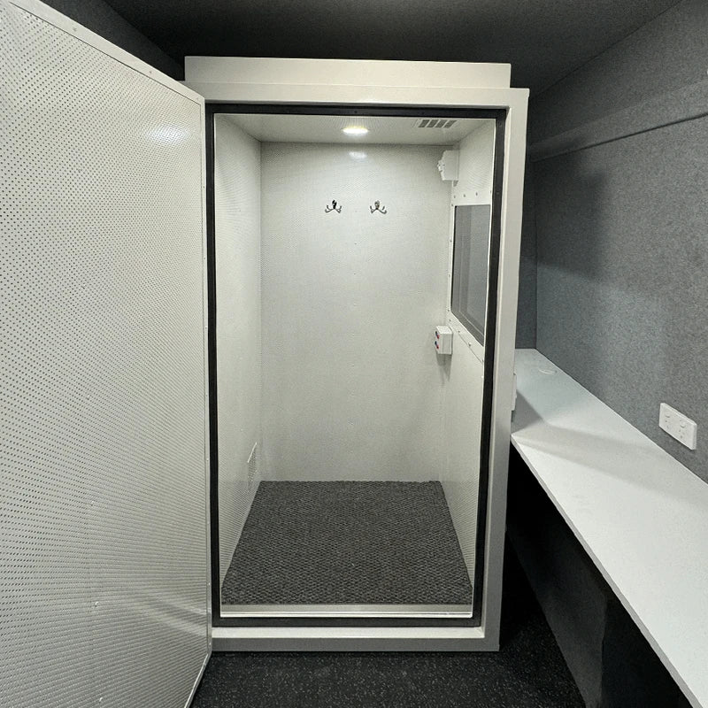 Micro Audiometric Booth Standard Version Left Hand Door open. Shop now at Zone Medical.