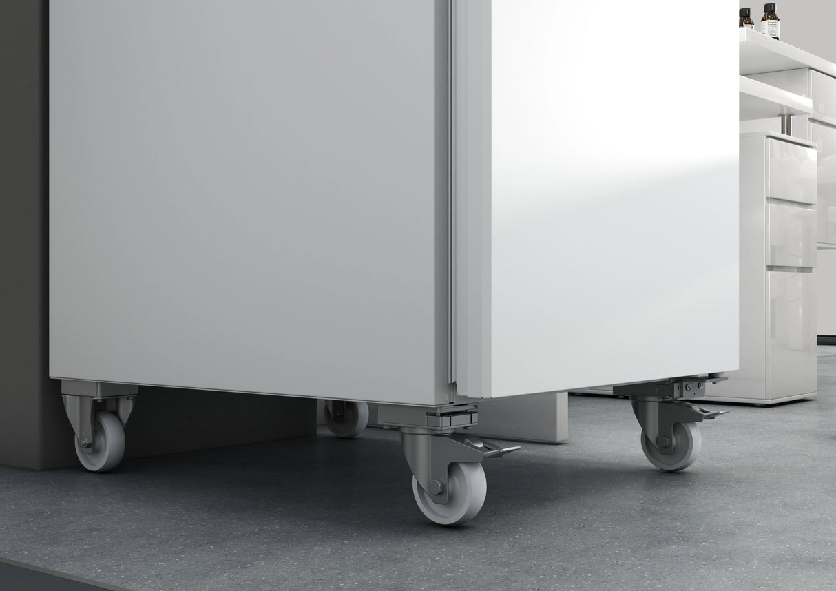 The Liebherr SRPvh 6501 Laboratory Refrigerator castor wheels close up. Shop now at Zone Medical.