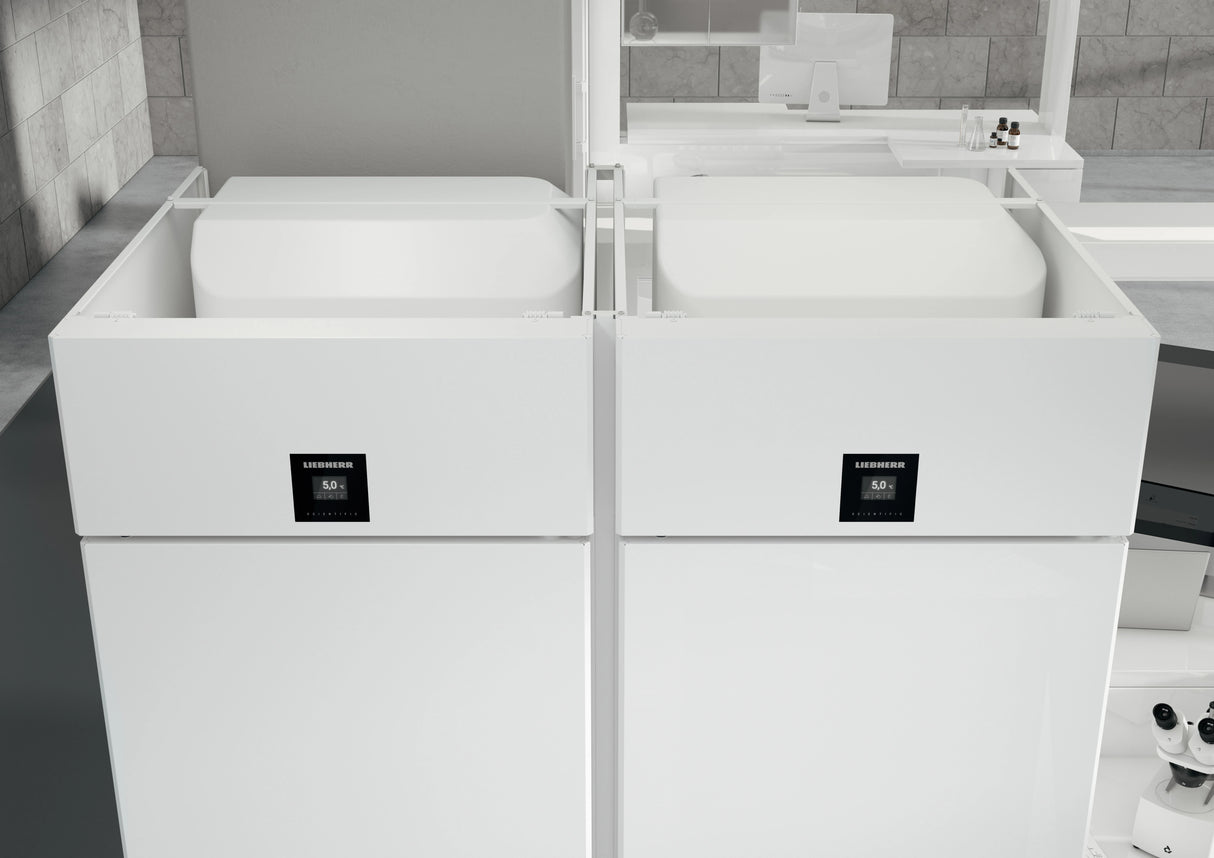 Two Liebherr SRPvh 6501 Laboratory Refrigerators side by side in a lab. Shop now at Zone Medical.