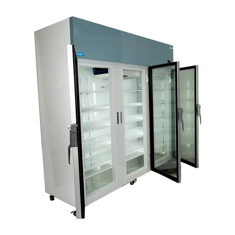 Nuline NLM1614 1614 Litre Pharmacy Refrigerator doors open side view. Shop now at Zone Medical