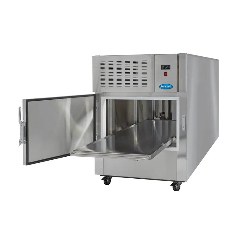 Nuline NMF series bariatric mortuary freezer 1 bay door open. Shop now at Zone Medical.