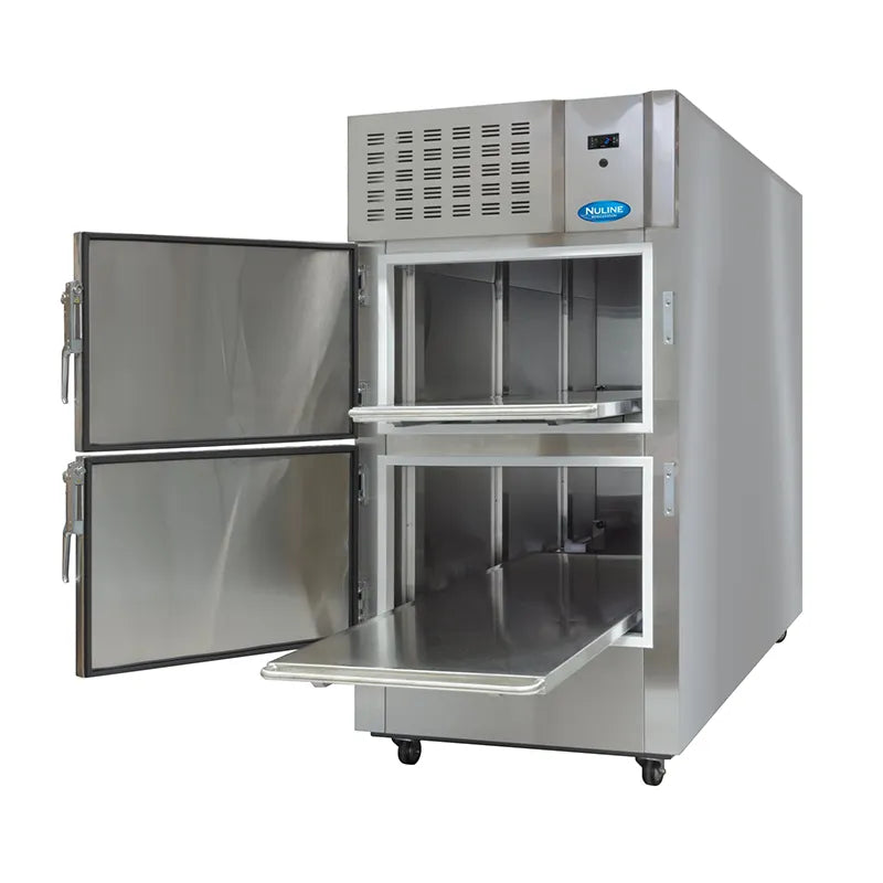 Nuline NMF series bariatric mortuary freezer 2 bays doors open. Shop now at Zone Medical.