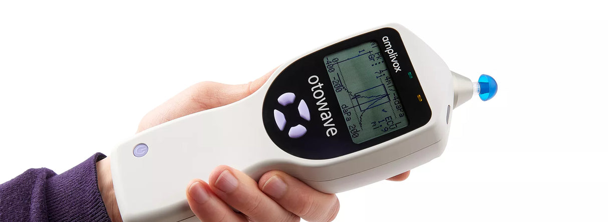 Amplivox Otowave 102-1 and 102-4 Tympanomete close up showing the screen in someone's hand. Shop now at Zone Medical.