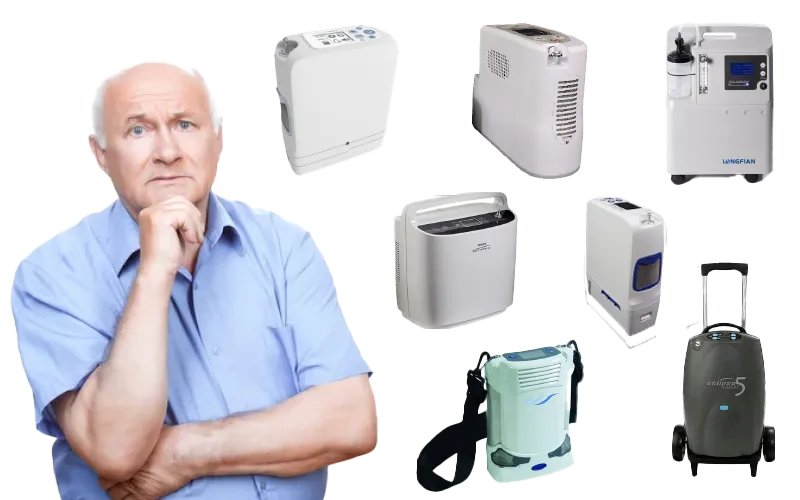 An old man with a confused face thinking about which oxygen concentrator suits his needs.