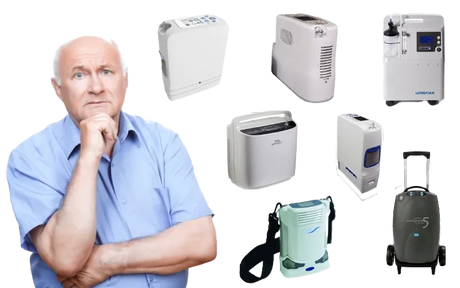 An old man with a confused face thinking about which oxygen concentrator suits his needs.