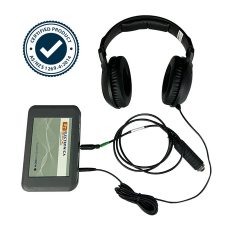 Electronica 600M PC based audiometer with headphones and patient response switch plugged in. Shop now at Zone Medical.