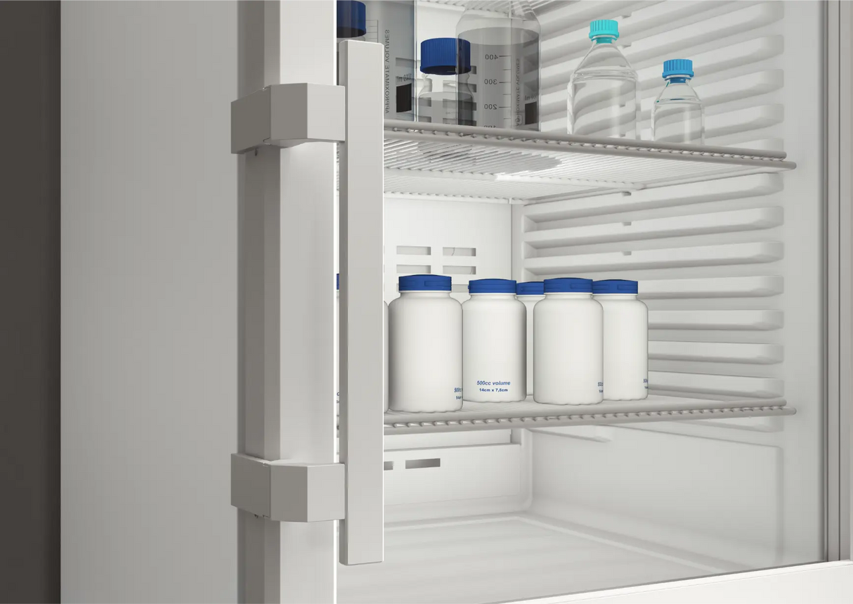 Liebherr SCFvh 4032 Pharmacy Medical Laboratory Combo Fridge and Freezer close up on anti-microbial handle. Shop now at Zone Medical.