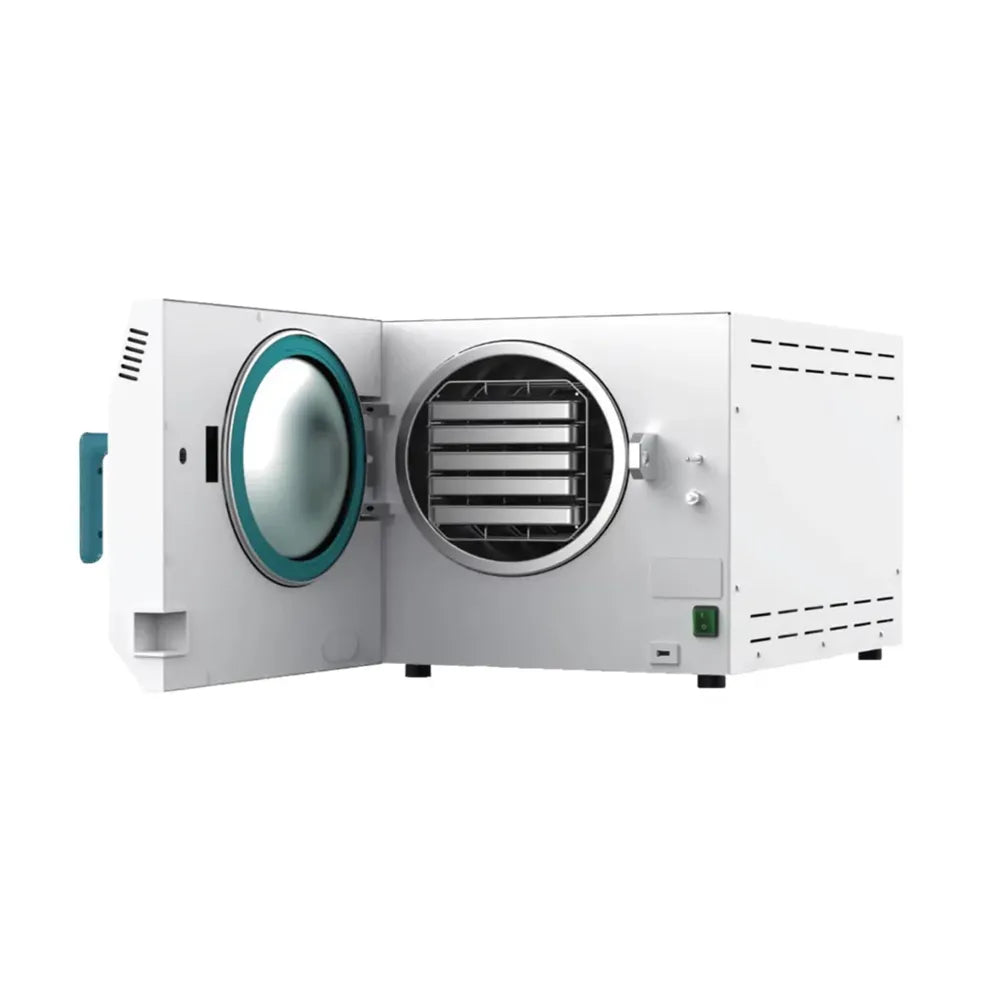 Ganj 18 Litre Autoclave with door open showing trays. Shop now at Zone Medical.