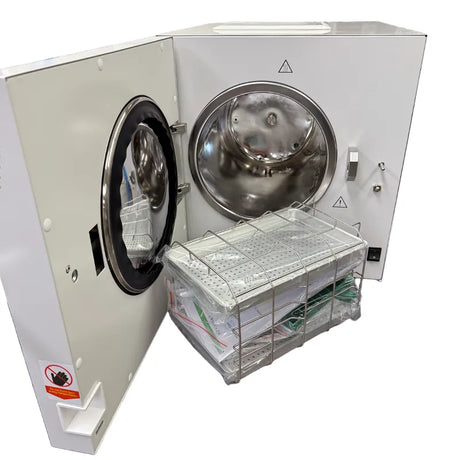 Hatmed Puges HAP18SB 18 Litre Essential Dry Vacuum Autoclave B & S Class with USB door open with accessories. Shop now at Zone Medical.