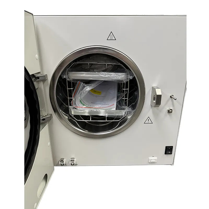 Hatmed Puges HAP23SB 23 Litre Essential Dry Vacuum Autoclave B & S Class with USB side top view. Shop now at Zone Medical.