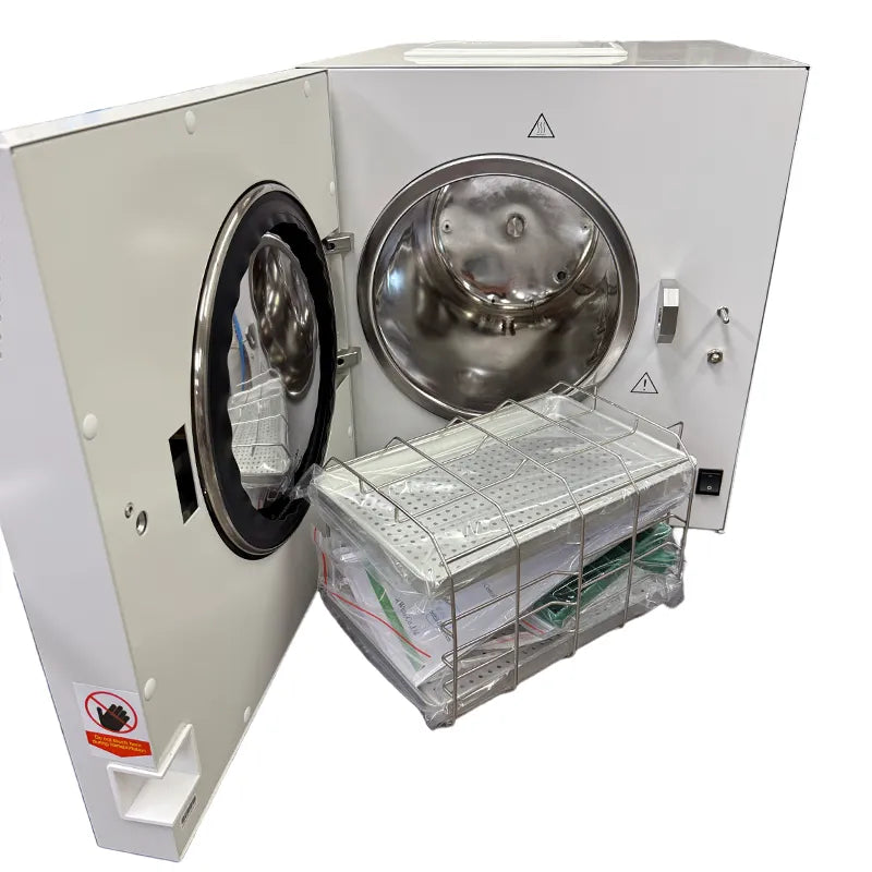 Hatmed Puges HAP23SB 23 Litre Essential Dry Vacuum Autoclave B & S Class with USB side top view. Shop now at Zone Medical.