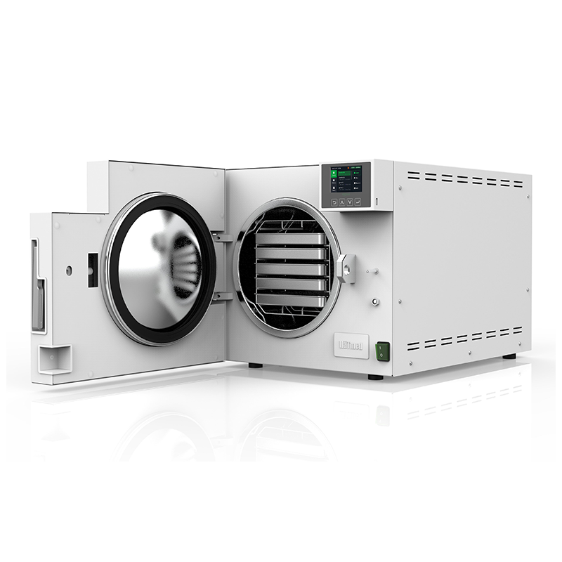 Hatmed HAPDX Autoclave side view door open with trays. Shop now at Zone Medical.