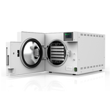 Hatmed HAPDX Autoclave side view door open with trays. Shop now at Zone Medical.