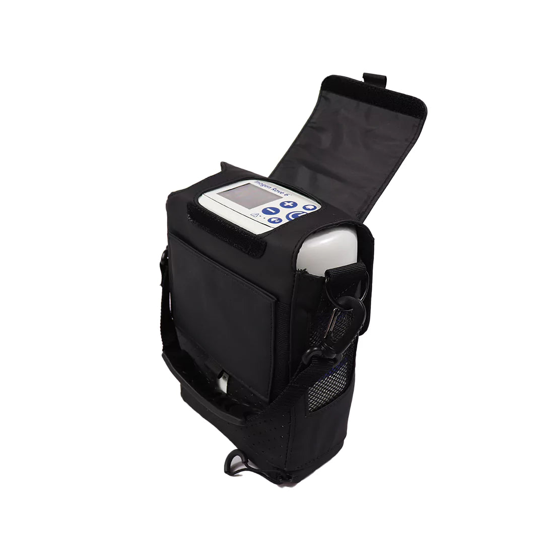 Inogen Rove 6 Portable Oxygen Concentrator in the carry bag with strap. Shop now at Zone Medical.