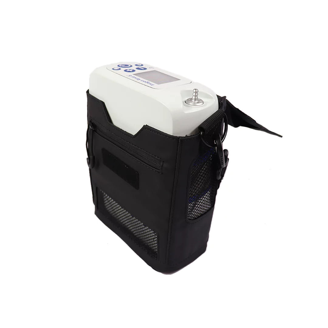 Inogen Rove 6 Portable Oxygen Concentrator in the carry bag with strap. Shop now at Zone Medical.