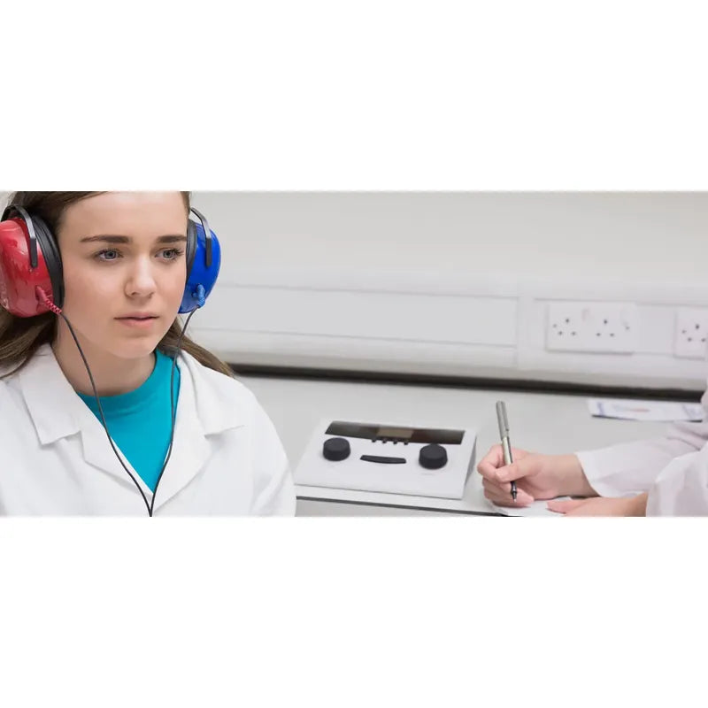 Interacoustics AS608 Screening Manual Portable Audiometer in use with headphones. Shop now at Zone Medical.