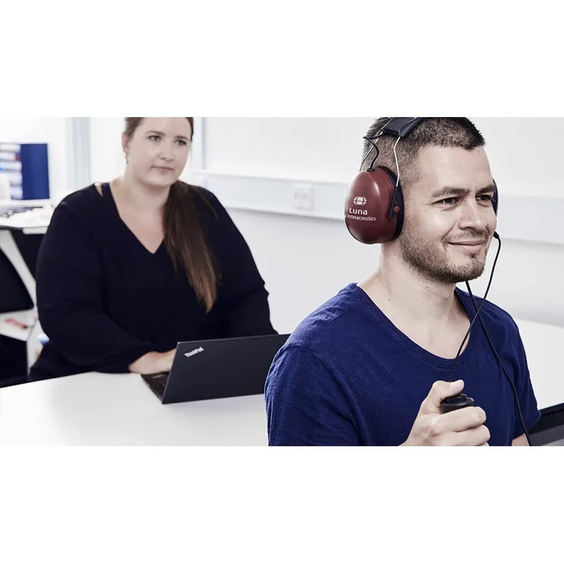 Interacoustics Luna Audiometer testing a man. Shop now at Zone Medical.