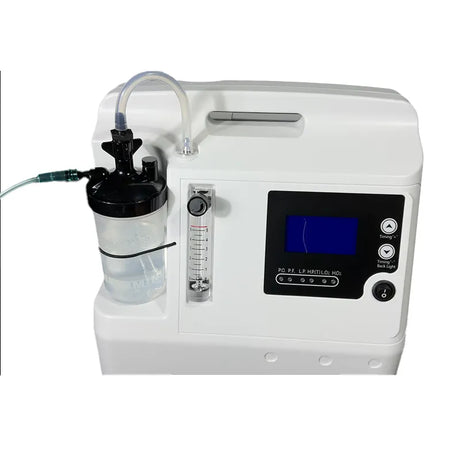 Longfian Jay 5 Stationary Oxygen Concentrator close up with humidifier bottle attached. Shop now at Zone Medical.