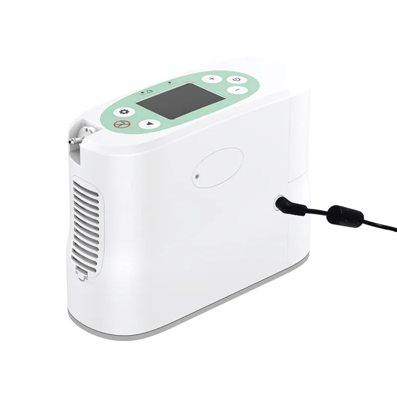 Kingon P2 E7 Portable Oxygen Concentrator with charger plugged in. Shop now at Zone Medical.
