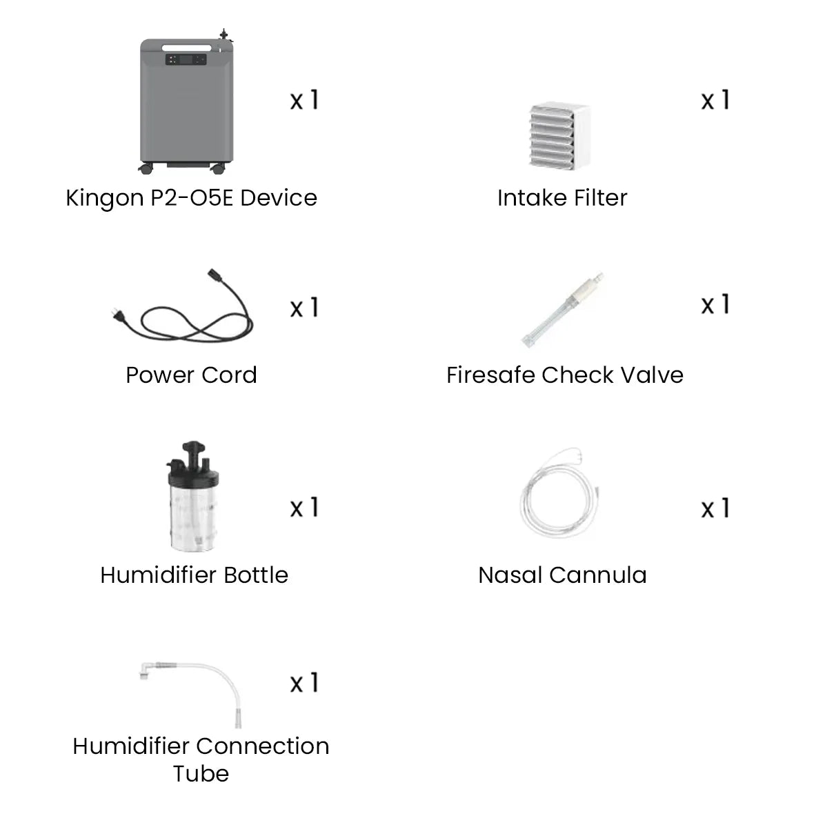 Kingon P2 O5E 5 litre stationary oxygen concentrator kit contents labelled. Shop now at Zone Medical.