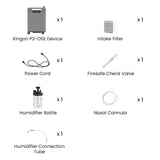 Kingon P2 O5E 5 litre stationary oxygen concentrator kit contents labelled. Shop now at Zone Medical.