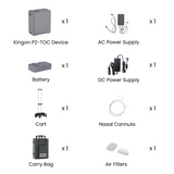 Kingon P2 TOC Transportable Portable Oxygen Concentrator kit contents labelled. Shop now at Zone Medical.