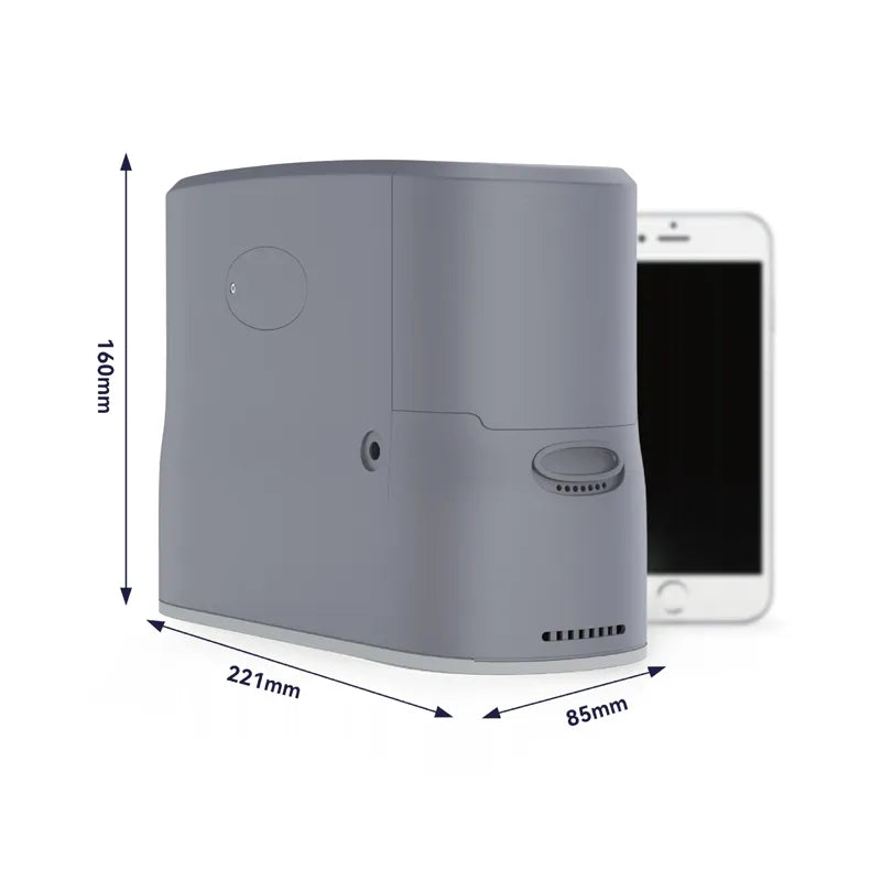 Kingon P2-E portable oxygen concentrator measurements and compared next to an iPhone. Shop now at Zone Medical.