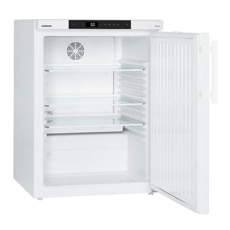 Liebherr LKUexv 1610 MediLine under-counter medical refrigerator with open door showing interior shelves.