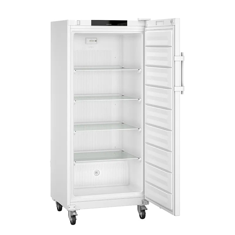 Liebherr SFFfg 5501 Performance Pharmacy Medical Laboratory Freezer with Spark Free Interior side view with door open and with optional castors. Shop now at Zone Medical.