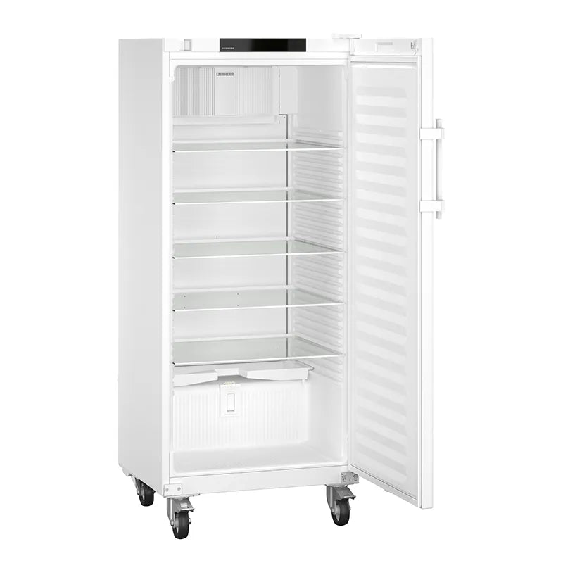 Liebherr SRFfg 5501 Performance Pharmacy Medical Laboratory Refrigerator with Spark-Free Interior - 558 Litre side view with door open and on castors. Shop now at Zone Medical.