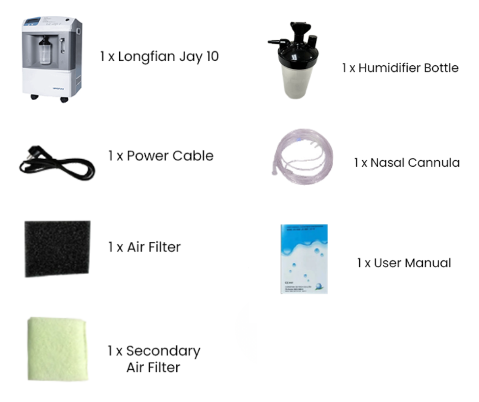 Longfian Jay 10 Stationary Oxygen Concentrator kit contents. Shop now at Zone Medical.