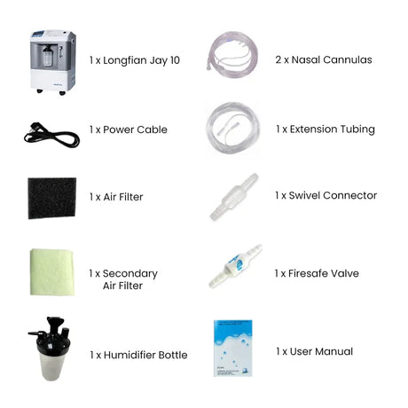 Longfian Jay 10 Stationary Oxygen Concentrator kit contents. Shop now at Zone Medical.
