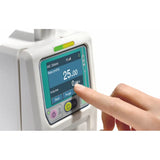 MedCaptain SYS6010 Infusion Pump close up with finger on the screen. Shop now at Zone Medical.