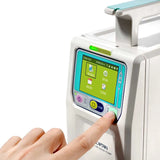 MedCaptain SYS6010 Infusion Pump close up with finger on the open button. Shop now at Zone Medical.