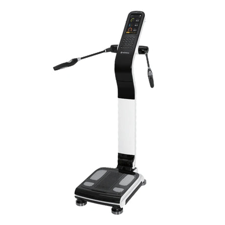 Mediana i30 Body Composition Analyser side view with arms up. Shop now at Zone Medical.