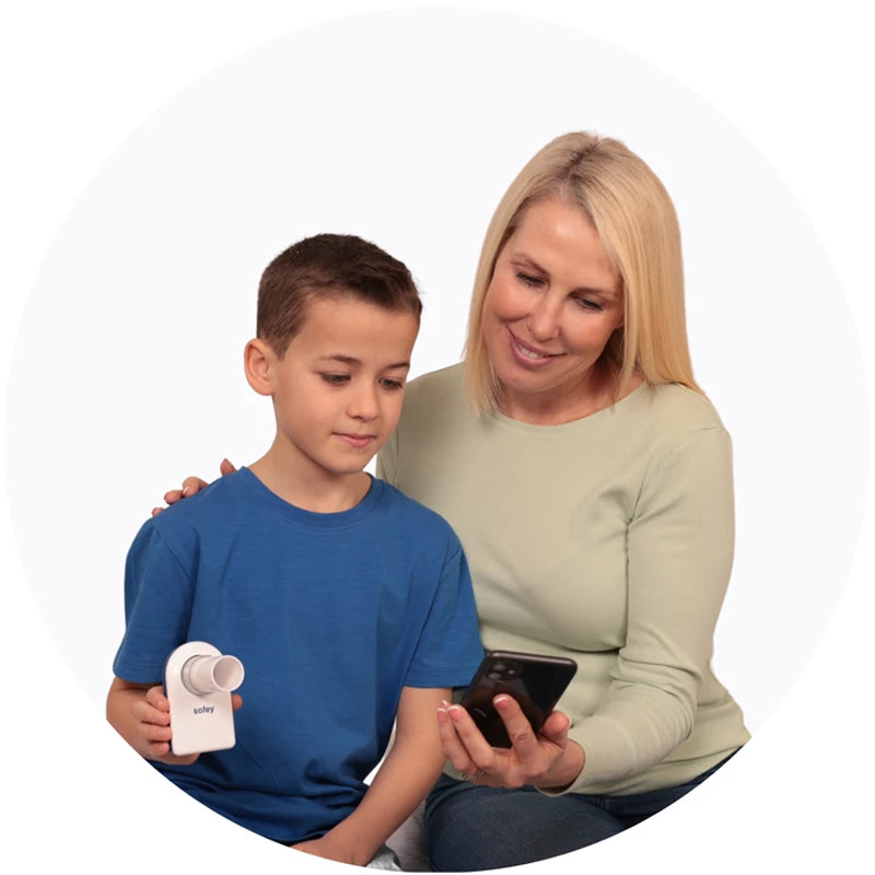 Safey Pocket Spirometer son and mum smiling. Shop now at Zone Medical.