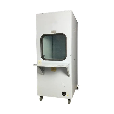 Second hand audiobooth left hand door front view with overhang table attached. Shop now at Zone Medical.