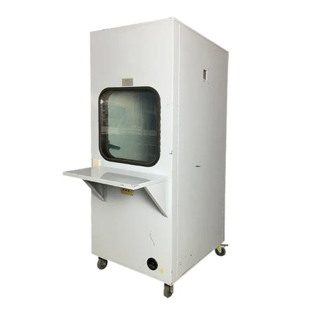 Second hand audiobooth left hand door front/side view with overhang table attached. Shop now at Zone Medical.