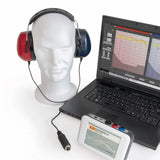 Electronica 800M PC Based Audiometer with DD65 headphones on a mannequin and software on a laptop.