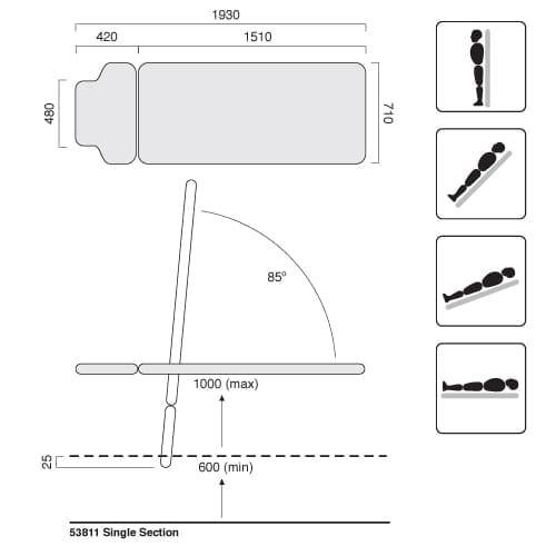 Tilt Table Single Section With Castors Dimensions