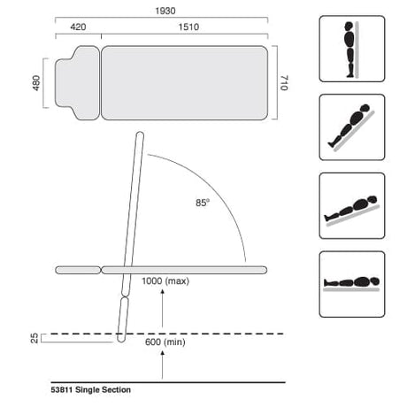 Tilt Table Single Section With Castors Dimensions